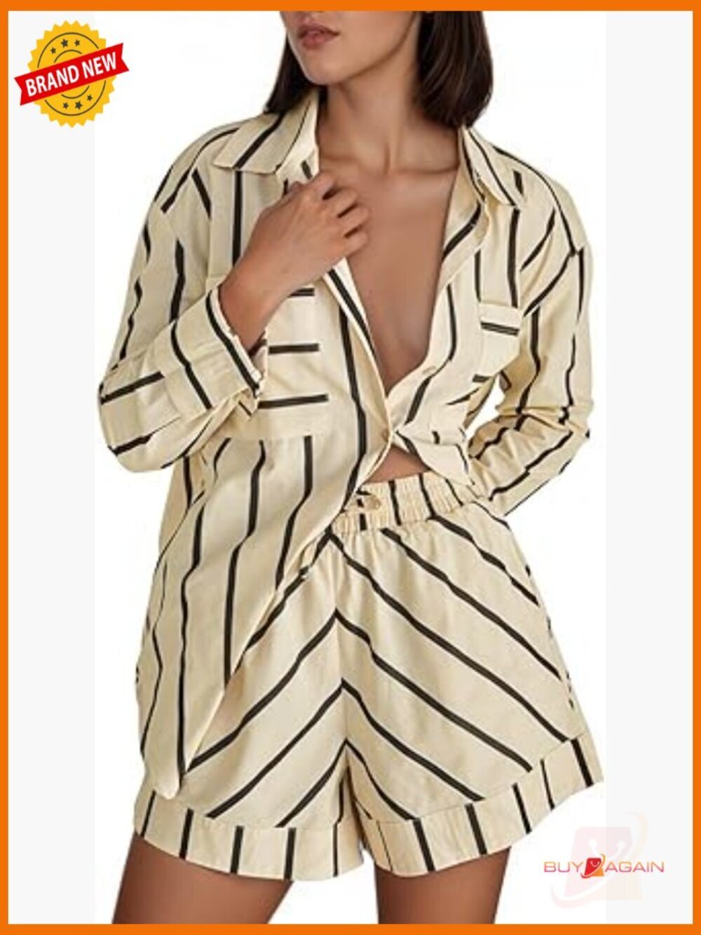Striped 2 Piece Lounge Set Button Down Shirt & Shorts